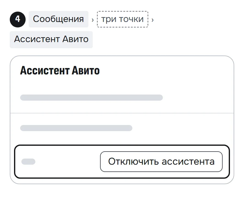 Схема раздела «Ассистент Авито» с кнопкой «Отключить ассистента»