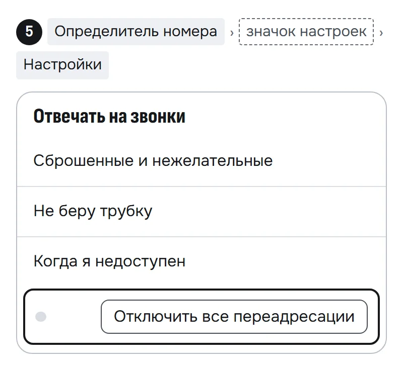 Схема блока «Отвечать на звонки»: три переадресации и выделенная кнопка «Отключить все переадресации»