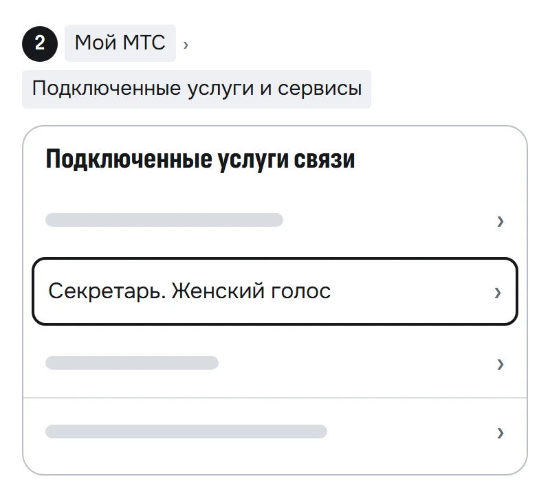 Схема раздела «Подключенные услуги связи»: выделена строка «Секретарь. Женский голос»